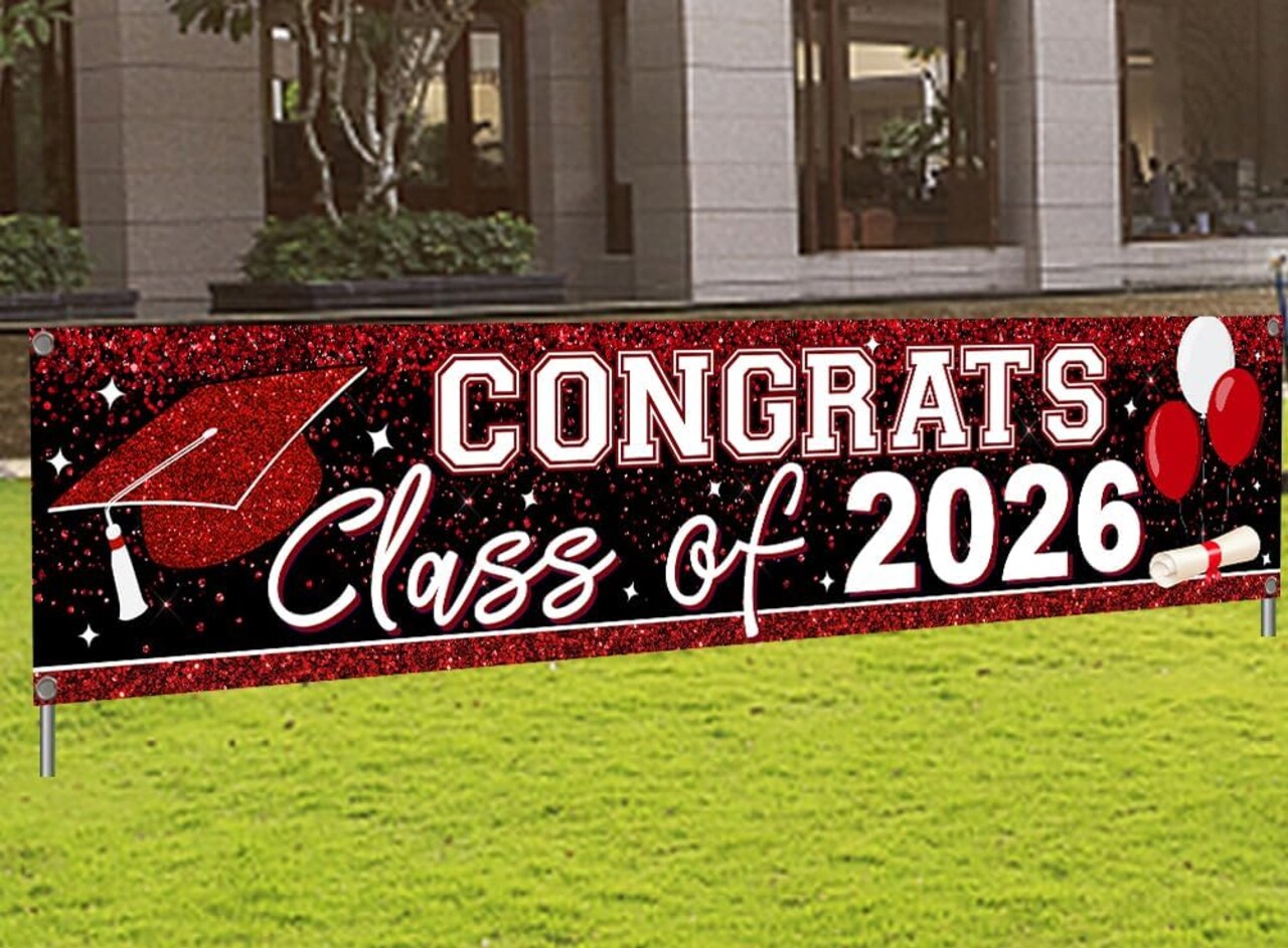 Graduation Party Decoration – Large Red Class of 2026 Congrats Grad Vinyl Banner, 9.8ft Yard Sign Backdrop for Graduation Party & Outdoor Celebration Decor
